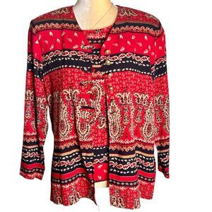 Solitaire Petite 2pc Top Set Sz 8P Red Multicolor Ethnic Print Jacket And Top
